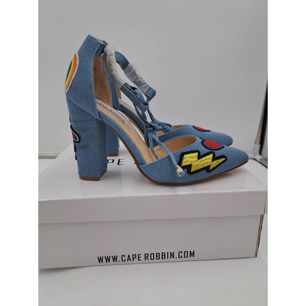 READ Cape Robbin Boho Western Denim Patches block high heel pointy toe Shoes